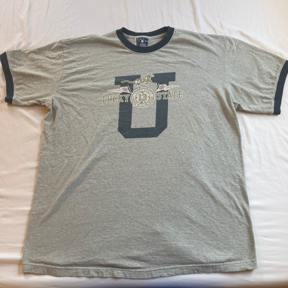 Lucky Brand Mens Gray Lucky State 13 Cougar U Ringer Graphic T-Shirt Large USA